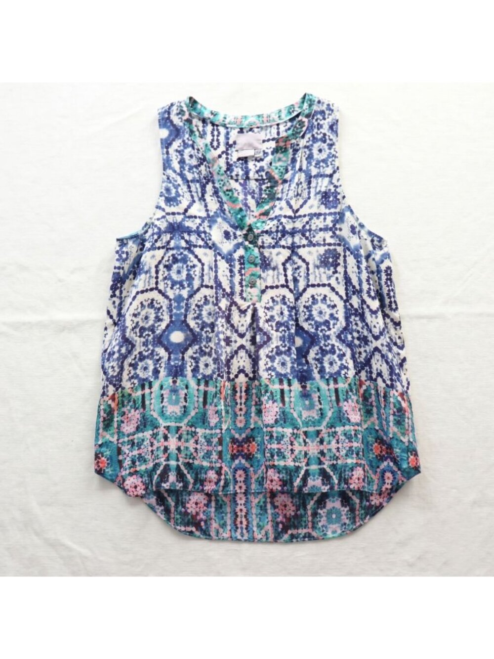 Anthropologie Vanessa Virginia Silk Tunic Tank 8 Blue Batik Boho Coastal